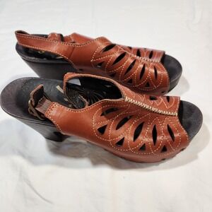 VGC Dansko Rowena Brown Clogs Leather Peep Toe Slingback Wooden Heel 7.5/8 EU38